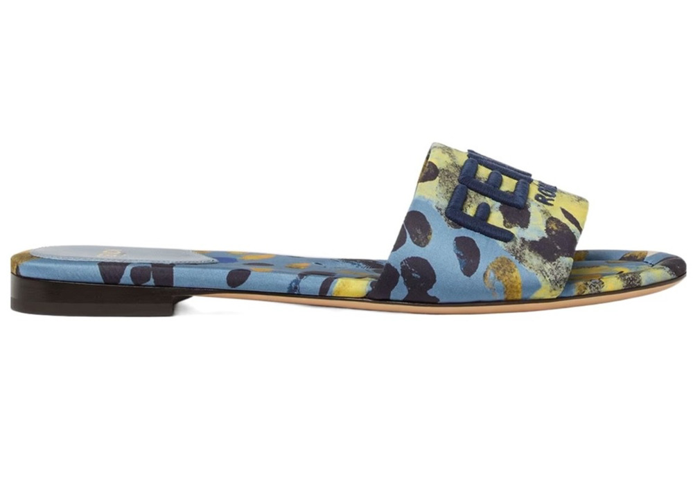 Fendi Sunshine Blue Yellow Silk Dew Drops FF Logo Mule Slide Flat Sandals 37
